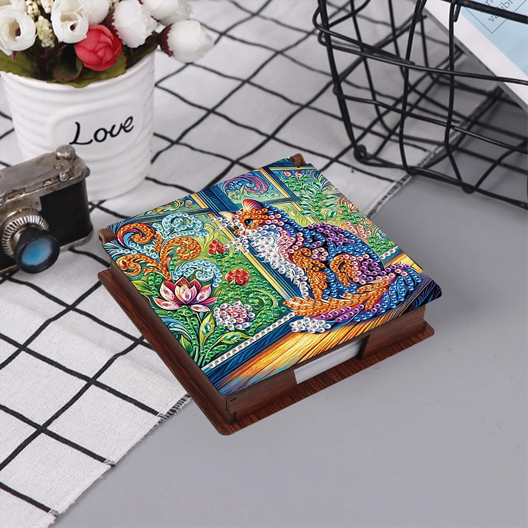 Kitty Wooden DIY 5D Diamond Painting Note Box 640 Notepads Office Home