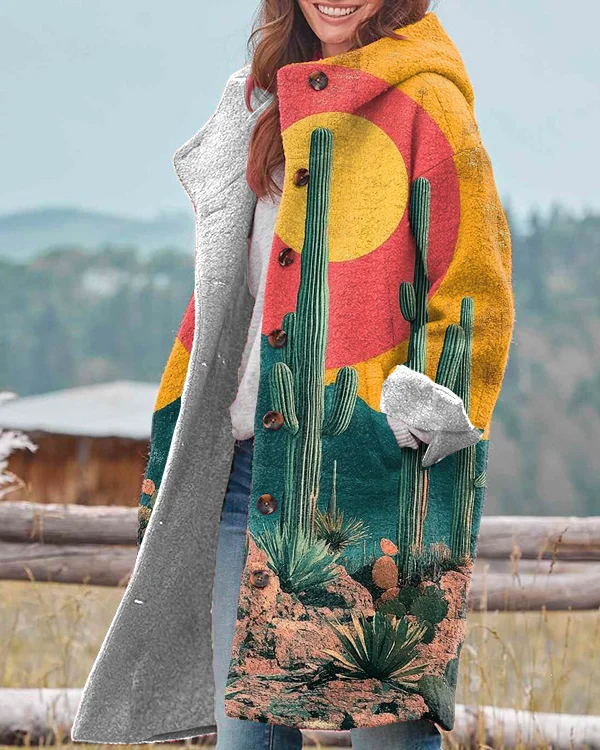 Vintage Bohemian Desert Sunset Print Hooded Casual Jacket
