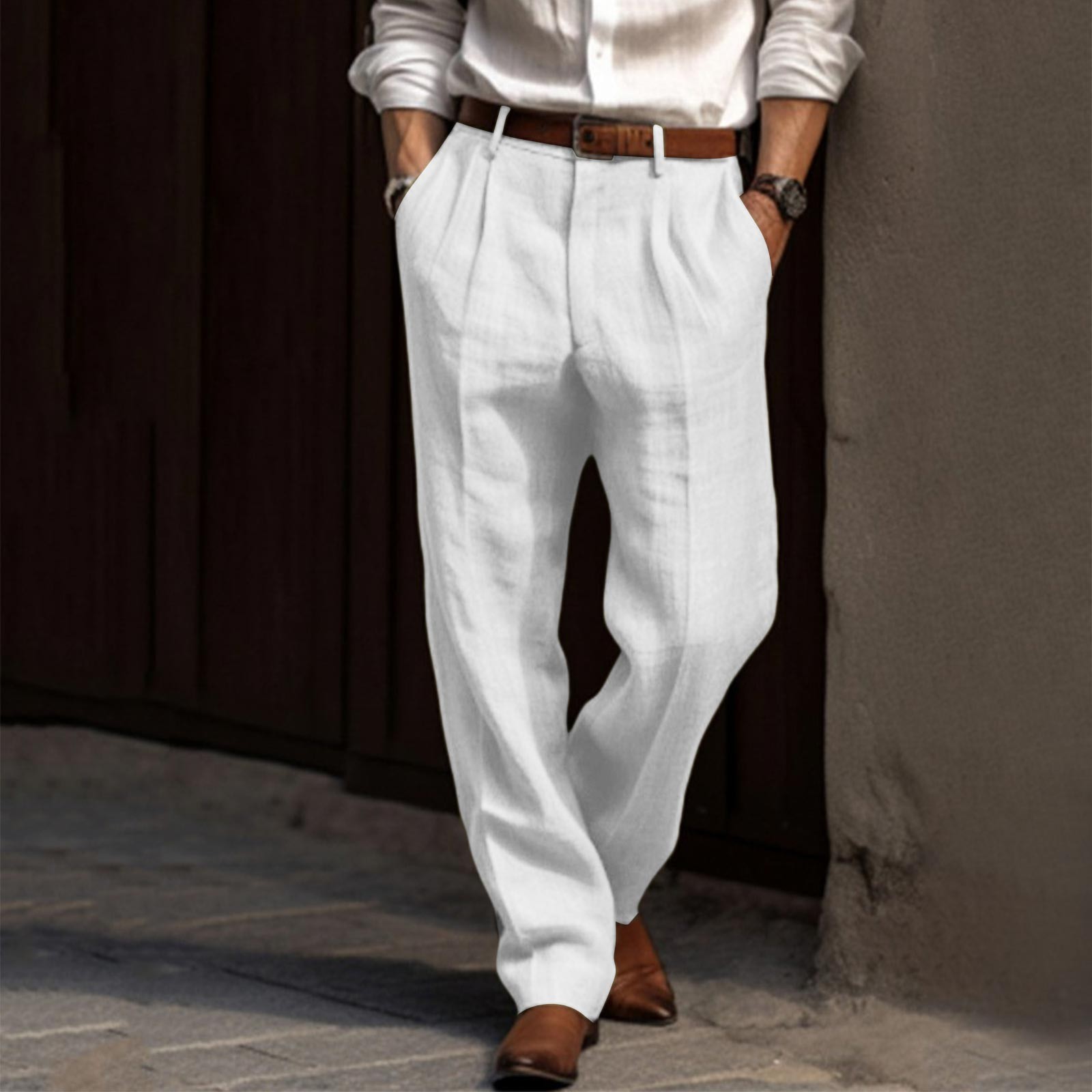 Bonusgor Cotton Linen Pants For Men Pleated Front Trouser Straight Leg Suit Trousers Summer Solid Lightweight Button Zipper Commute Pants