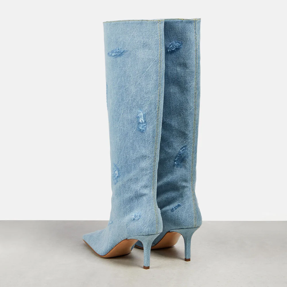 Blue Denim Square Toe Stiletto Heel Distressed Knee High Boots