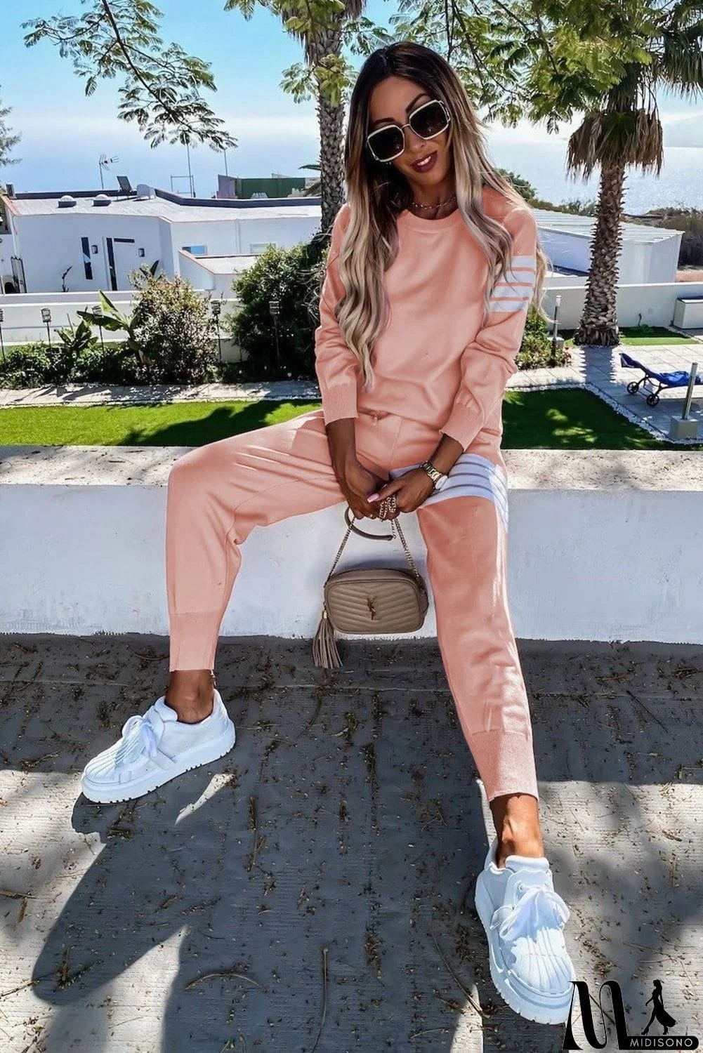 MidiSono - Striped Long Sleeve Top and Sweatpants Set