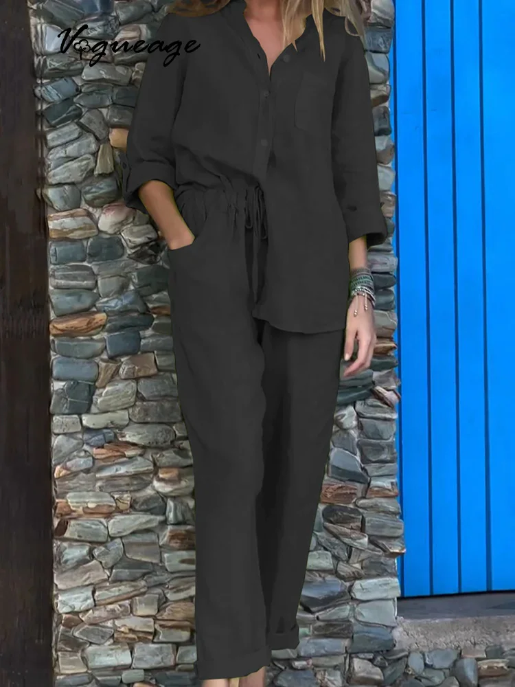 Fashion Shirt Top High Waist Loose Trousers Cotton And Linen Two-Piece Suit