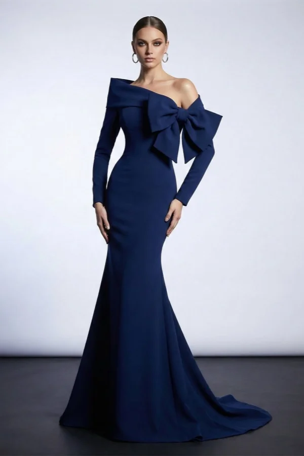 Asymmetric Midnight Blue Strapless Long Sleeves Long Mermaid Prom Dress With Bow And Pleated | YC0288 Wellcucu