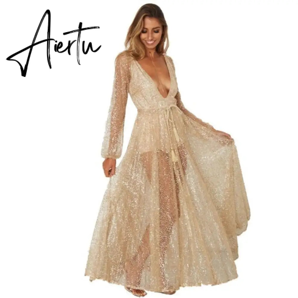 Silver Sexy Party Dress Hot Sequined Dress Women Mesh Overlay Maxi Dress Summer Backless Long Sleeve V-neck Dress Vestidos Aiertu