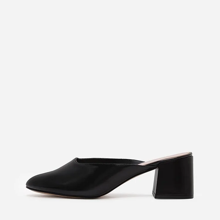 Black Patent Leather Almond Toe Block Heel Office Mules Shoes |FSJ Shoes