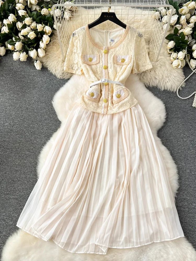 Summer Runway Crochet Lace Stitching Chiffon Dresses Women's Short Sleeve One Piece Pleated Belt Evening Party Prom Vestidos
