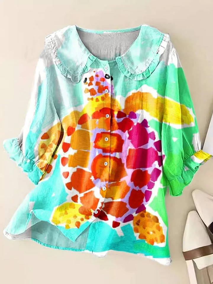 Women Vintage Abstract Turtle Art Print Peter Pan Collar Half Sleeve Blouses