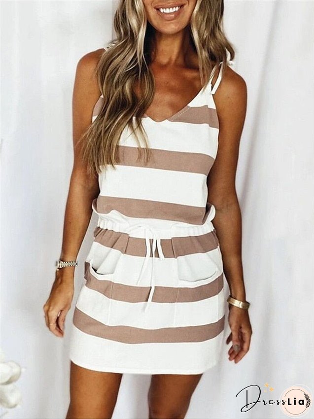 Casual Dress Shift Dress Summer Dress Stripe Pocket Drawstring Strap Mini Dress Fashion Streetwear Street Daily Sleeveless Regular Fit Yellow Navy Blue Green Summer Spring S M L XL XXL for Women