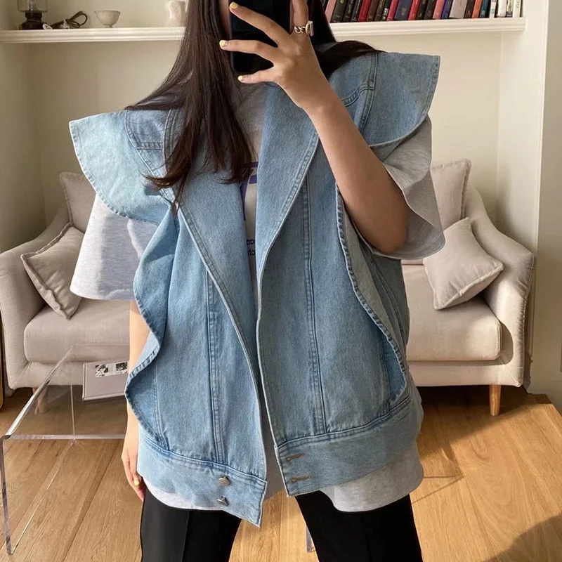 PENERAN Harajuku Ruffles Oversize Denim Jacket Fashion Sleeveless Large Size Vest Tops Chic Streetwear Jeans Coat Single Breasted Jacket