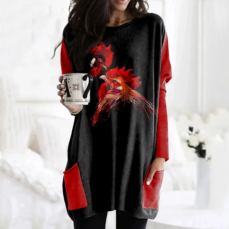 Wearshes Casual Chicken Print Long Sleeve Colorblock Tunic