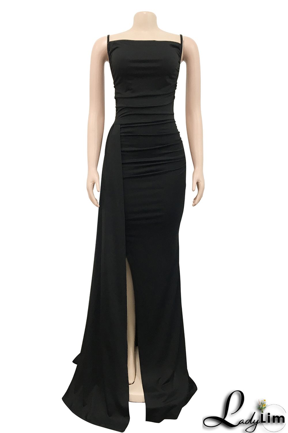 Black Fashion Sexy Solid Patchwork Backless Fold Spaghetti Strap Long Dress