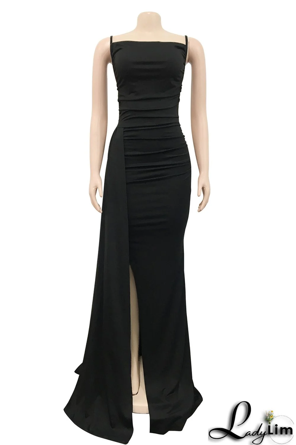 Black Fashion Sexy Solid Patchwork Backless Fold Spaghetti Strap Long Dress