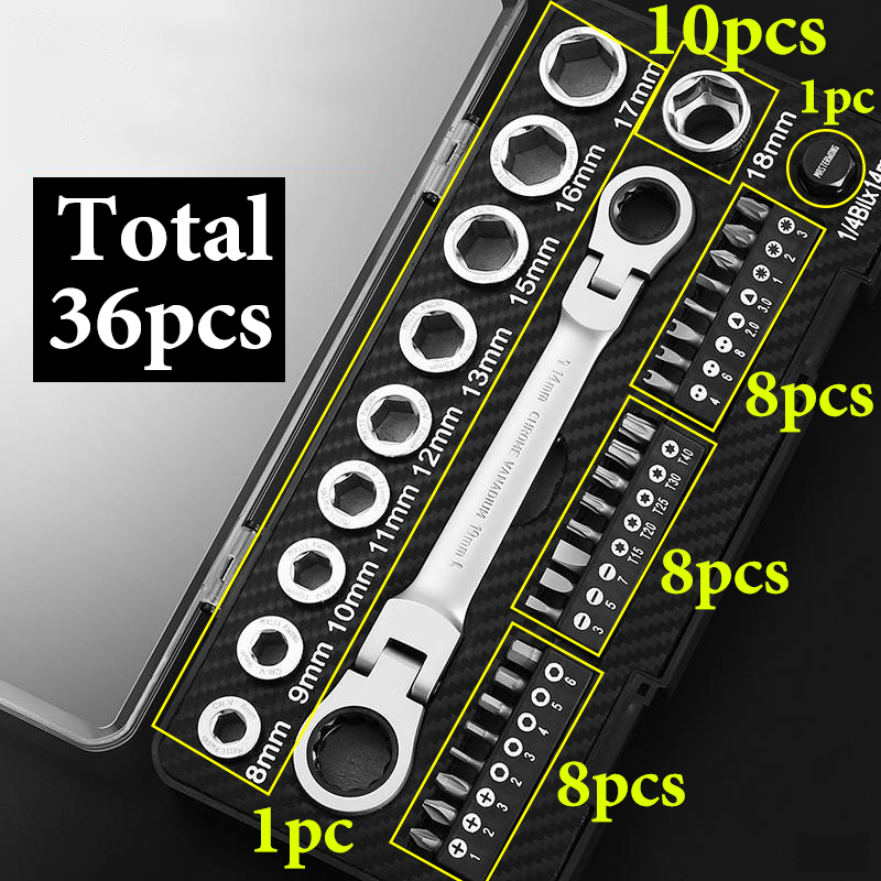 القابلة للدوران الشدات والمآخذ ولقم السائق ، طقم عدة مفاتيح متعددة الاستخدامات مادة فولاذية عالية الجودة من الكروم الفاناديوم