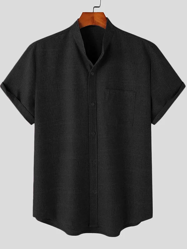 Aonga - Mens Cotton&Linen Solid Stand Collar Pocket Shirt