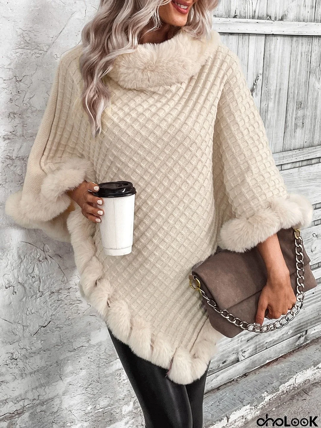 Faux Fur Trim Poncho
