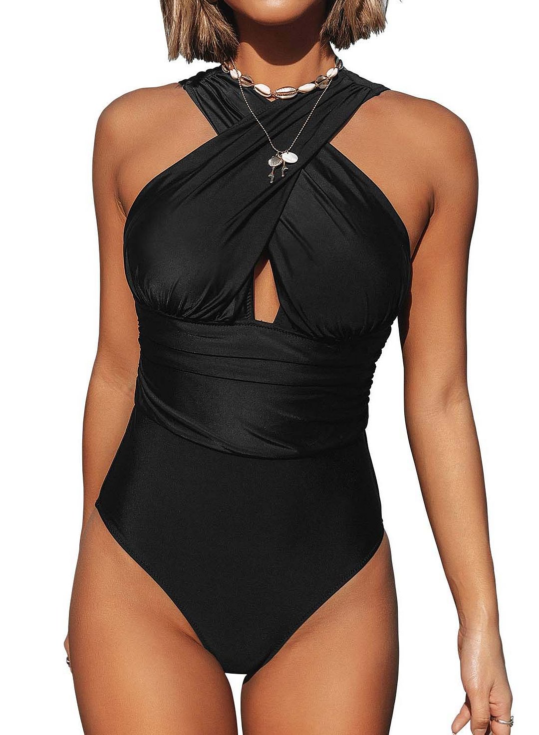 Women S High Neck Criss Cross Ruched One Piece Swimsuit Cut Out Solid