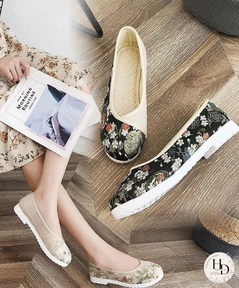Black Print Linen Fabric Stylish Splicing Flats