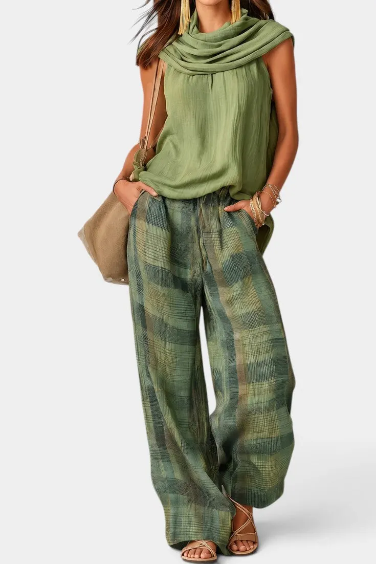 Draped Sleeveless Top with Plaid Wide-Leg Trousers Set