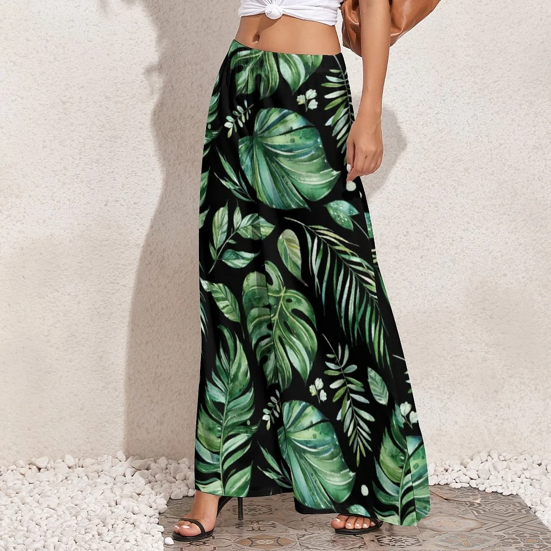 Green And Black Tropical Monstera Leaf Loose Fit Stretchy Wide Leg Palazzo Lounge Women Casual Loose Wide Leg Pants