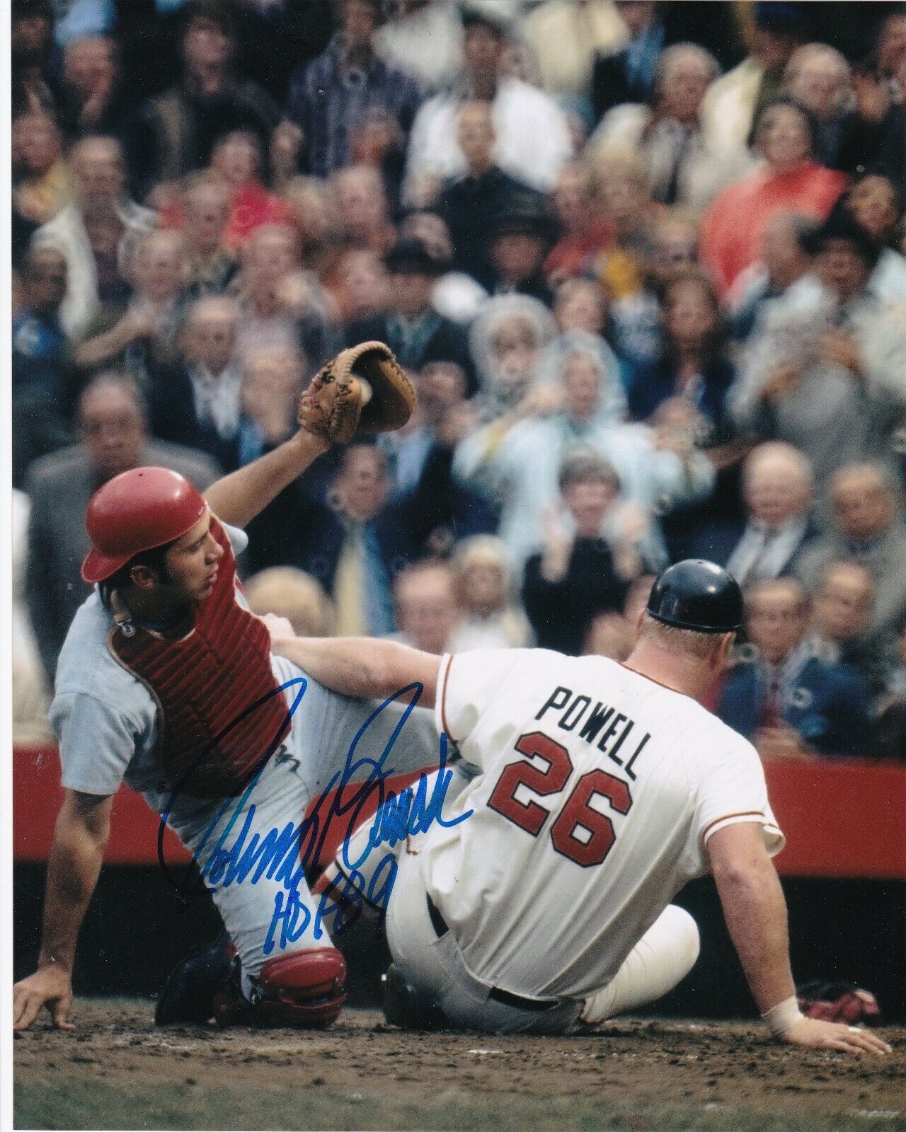 JOHNNY BENCH CINCINNATI REDS HOF 89 ACTION SIGNED 8x10