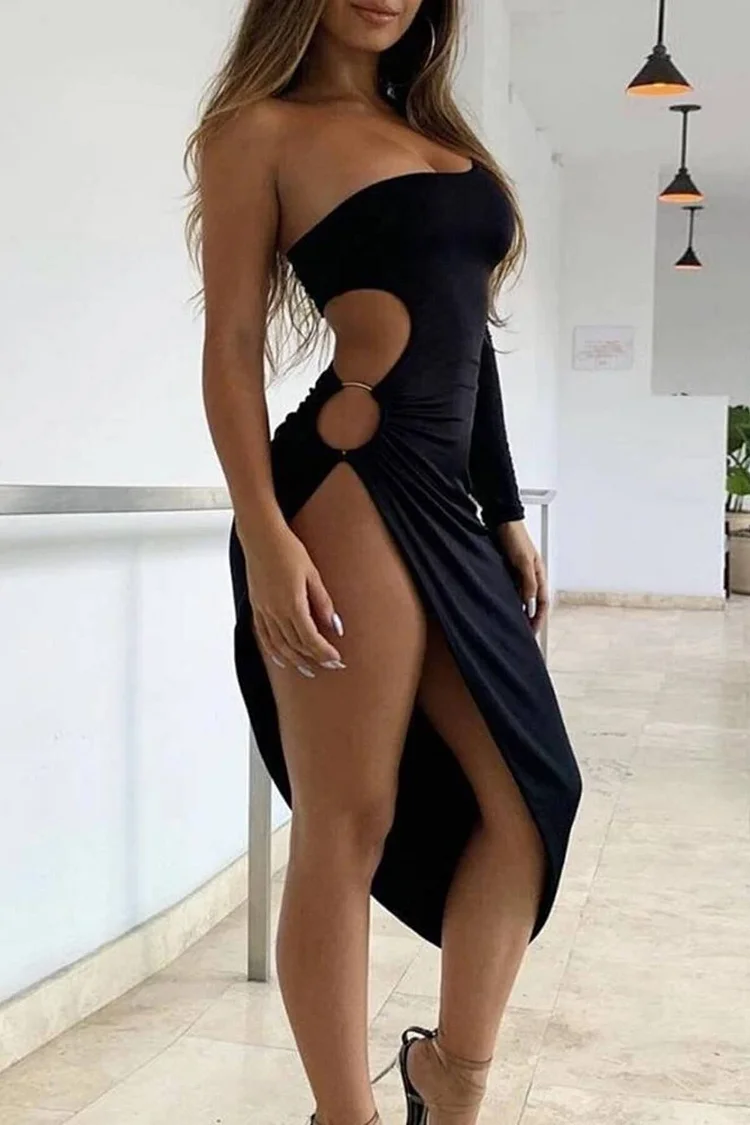 Solid One Shoulder Cut Out Dress
