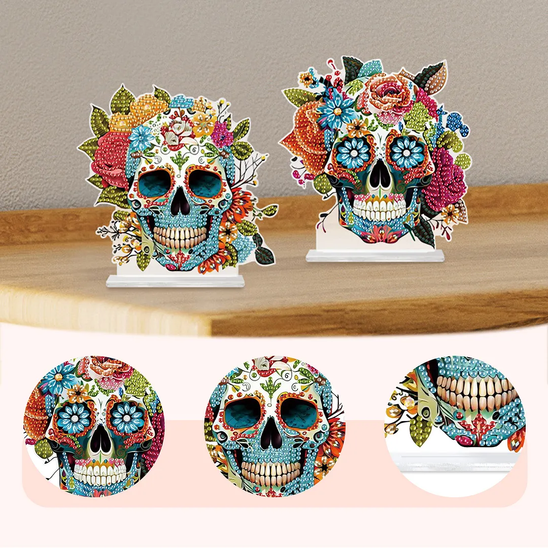 2Pcs DIY Diamond Art Tabletop Ornaments Reusable Special Gem Rhinestone Mosaic Craft Multi-Purpose Diamonds Art Suncatchers Flowers Gift for Craft Lovers (Flowers Skulls)