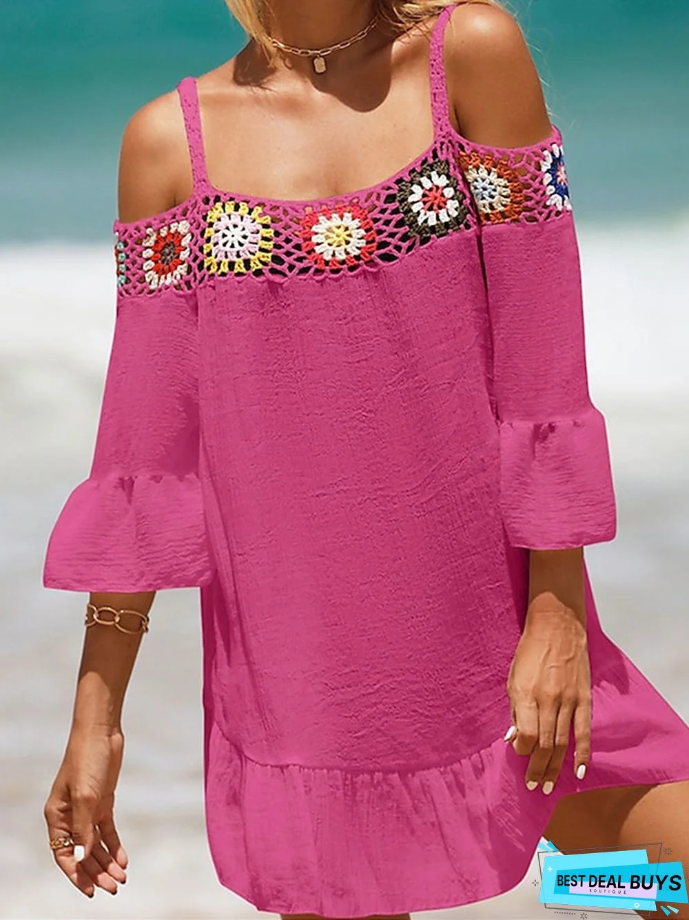 Women's Cover Up Beach Dress Beach Wear Mini Dress Ruffle Backless Ethnic Casual Floral Spaghetti Strap 3/4 Length Sleeve Loose Fit Outdoor Daily Black White 2023 Spring Summer One Size