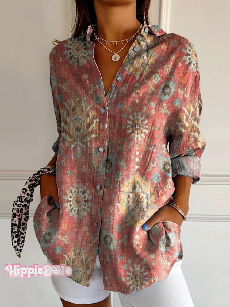Women’s Retro Ethnic Pattern Print Casual Shirt Multicolor / S