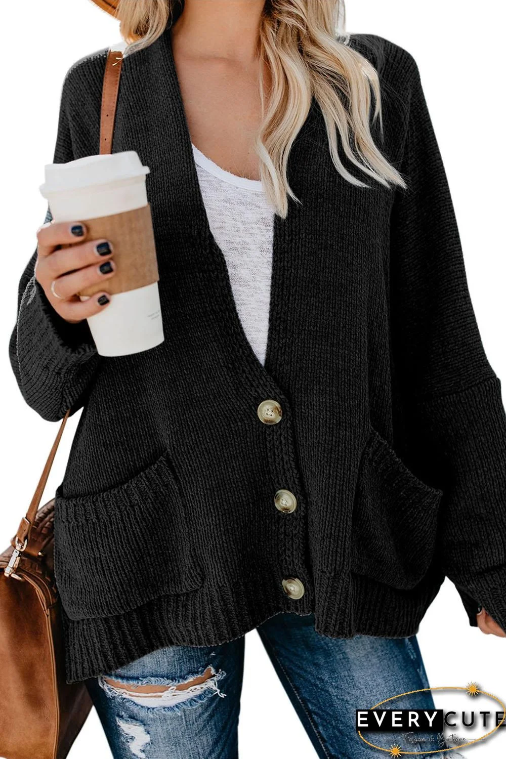 Black Oversize Button Front Cardigan