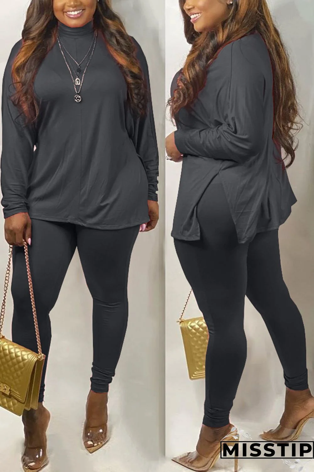 Black Fashion Casual Sportswear Long Sleeve Turtleneck Regular Sleeve Regular Solid Two Pieces