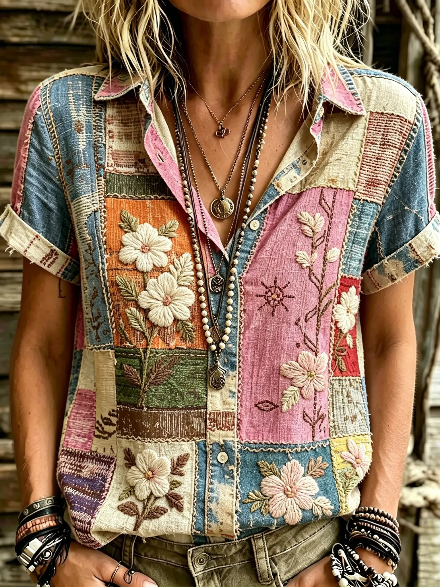 Comstylish Women's Retro Bohemian Hippie Style Floral Patchwork Embroidered Print Short-sleeve Shirt