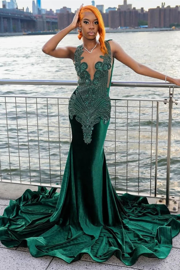 Stunning Emerald Green Mermaid Prom Dress Long Beadings On Sale Sleeveless - lulusllly