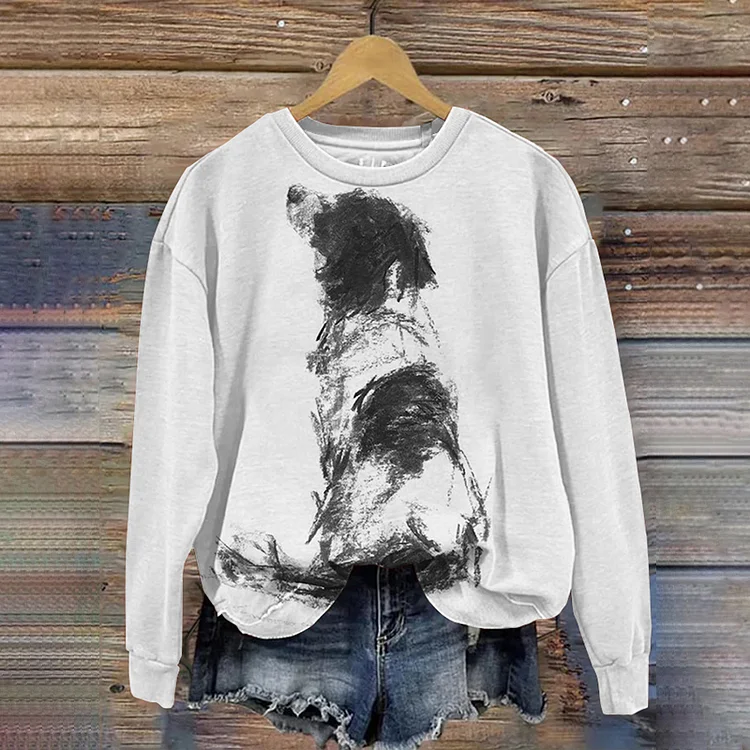 Comstylish Women's Cute Dog Art Sketch Print Casual Long Sleeve Sweatshirt