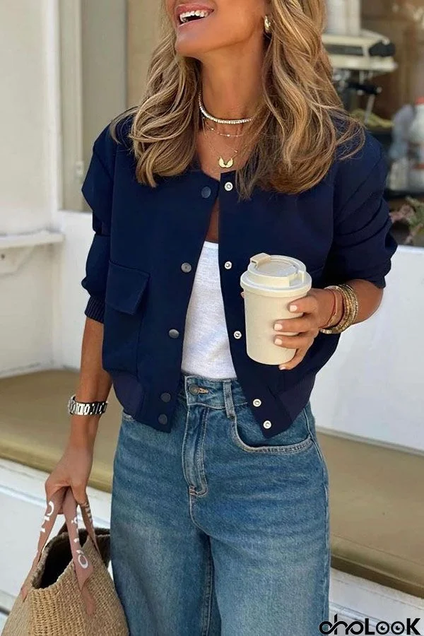 Cup of Cozy Round Neck Buttoned Long Sleeve Short Pocket Jacket