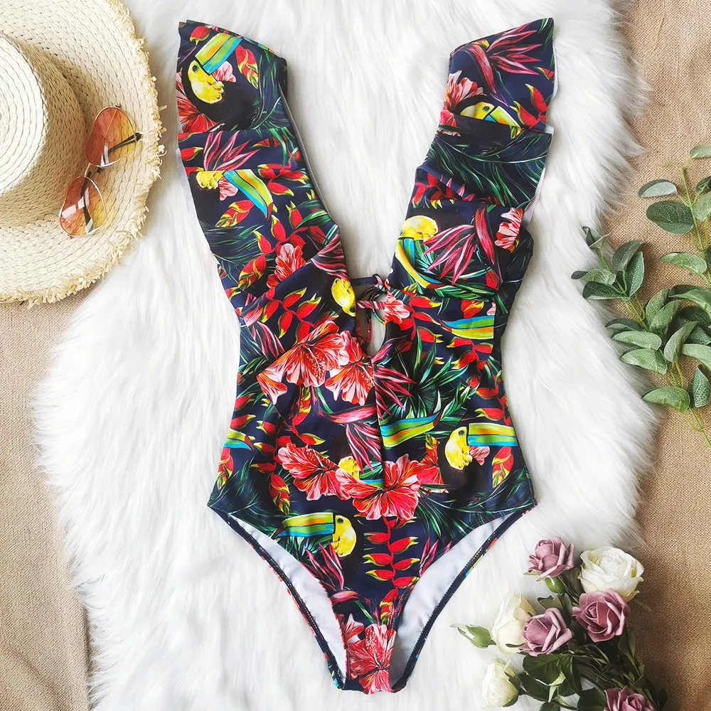 Brownm Printed Flowers Even Lotus Leaf Side Body Swimsuit Women 2025 New Swimsuit Bare Back