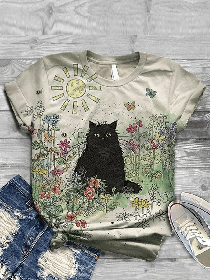 Women's Cat Print Crew Neck Short Sleeve Tee Shirt