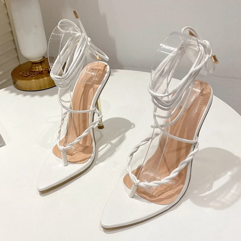 Summer 2022 Womens Fashion Strappy Heels Gladiator Sandals Sexy Pointed Toe Narrow Band Stiletto Lace-Up Party Wedding Shoes Red