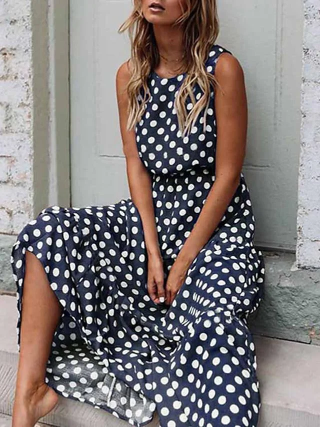 Women's Swing Dress Maxi Long Dress - Sleeveless Polka Dot Spring & Summer Hot Elegant Slim Black Yellow Navy Blue Khaki Green Black Dresses