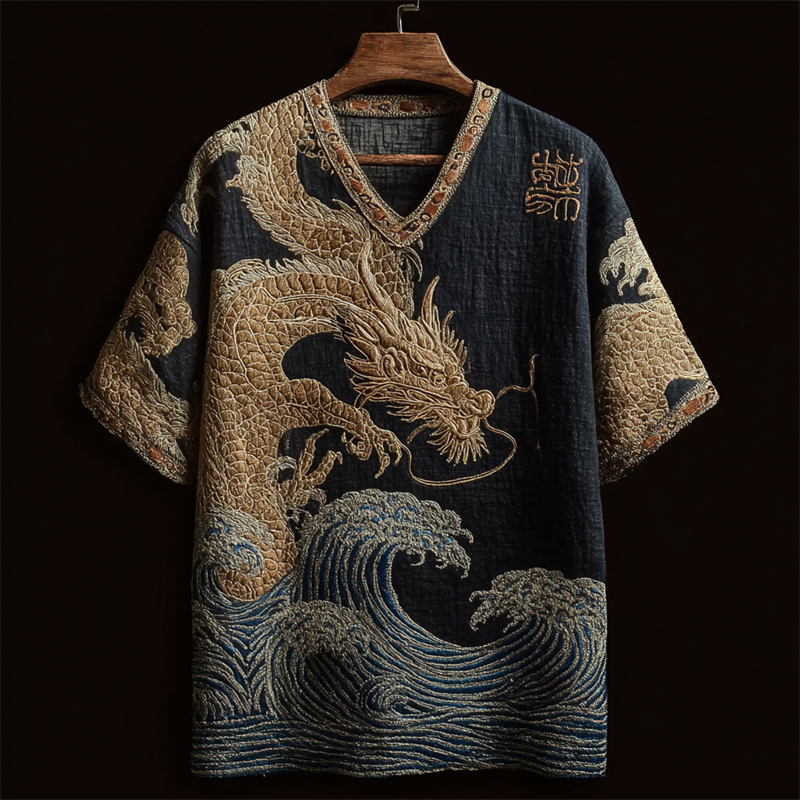 Japanese Golden Dragon & Sea Waves Embroidered Linen Shirt  artssus