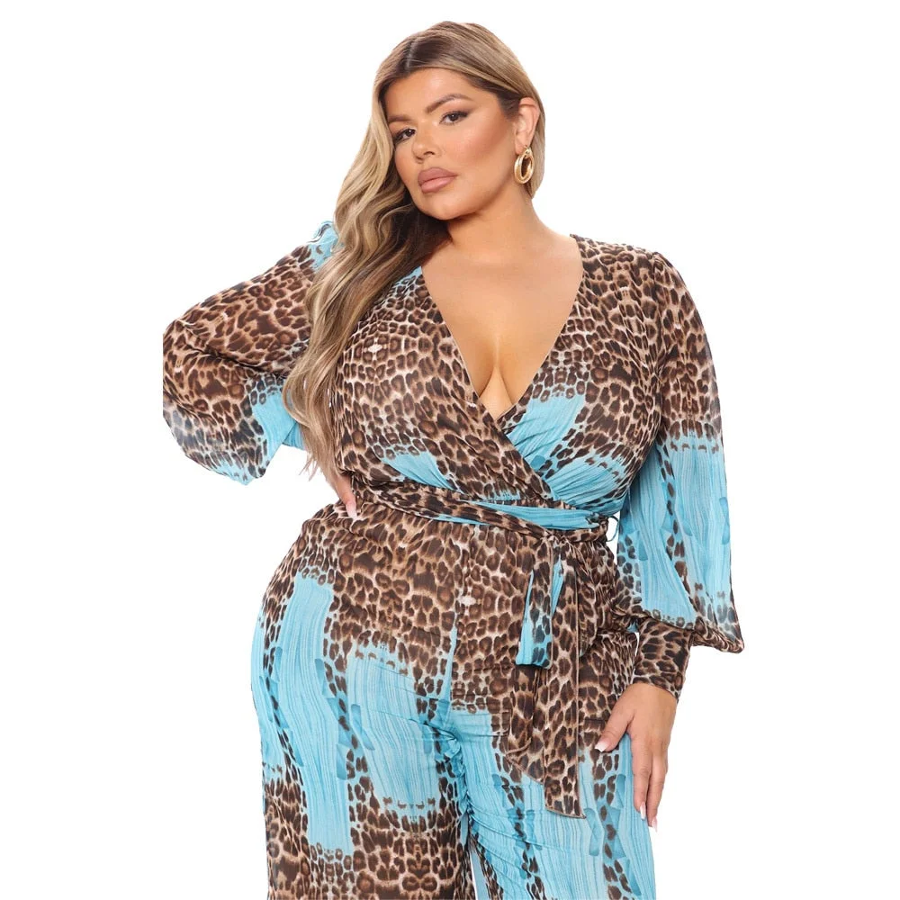 Jumpsuit Plus Size Clothing Fall Clothes for Women V Neck  Leopard Print Wide Leg Elegant Fashion Outfit Wholesale Dropshipping
