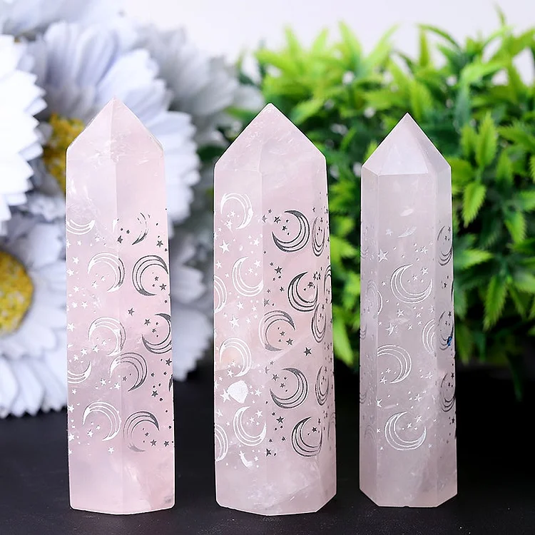 3.6" Rose Quartz with Moon Printing Crystal Towers Points