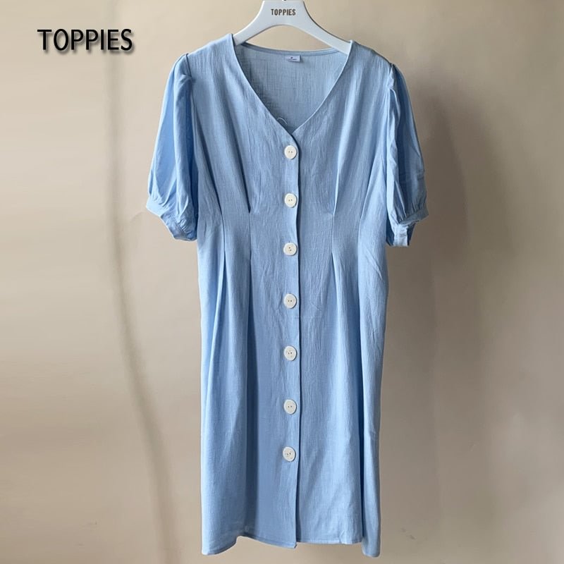 Toppies Summer Linen Dress Woman Short Sleeve Slim A-line Mini Dress V-neck Single Breasted vestidos mujer 2021