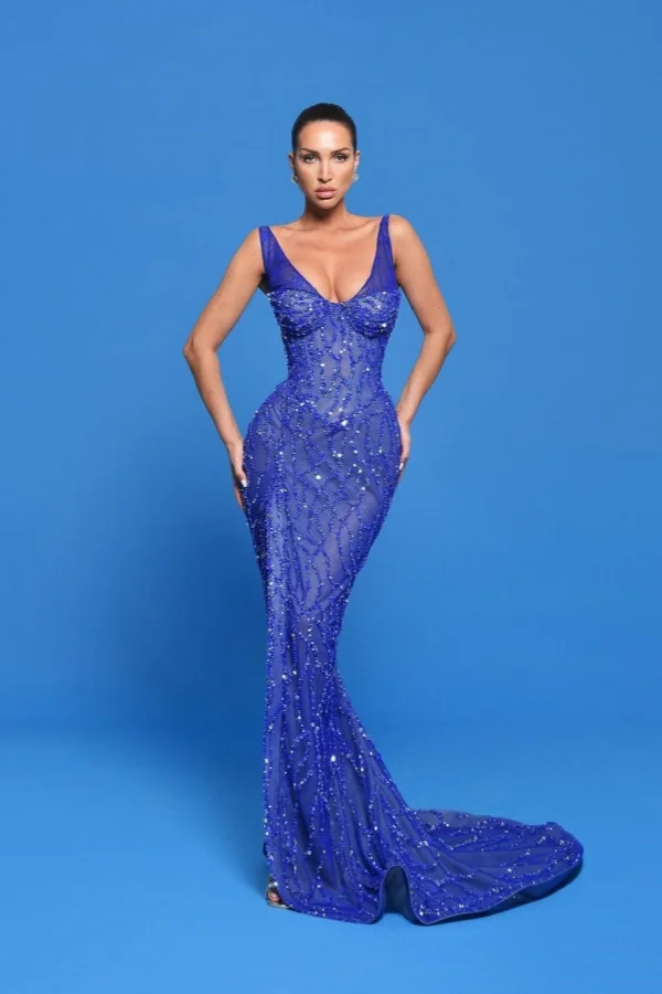 Exquisite Royal Blue Lace Scoop Sleeveless Beadings Mermaid Prom Dress YK0086