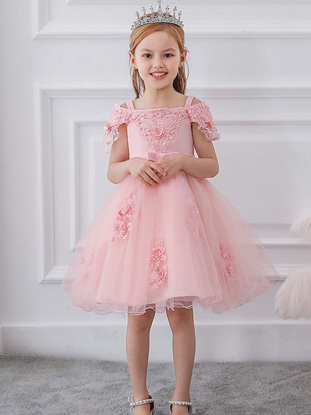 Oknass  Ball Gown Short Sleeve Off Shoulder Flower Girl Dresses Satin Tulle  With Sash Ribbon  Bow Appliques