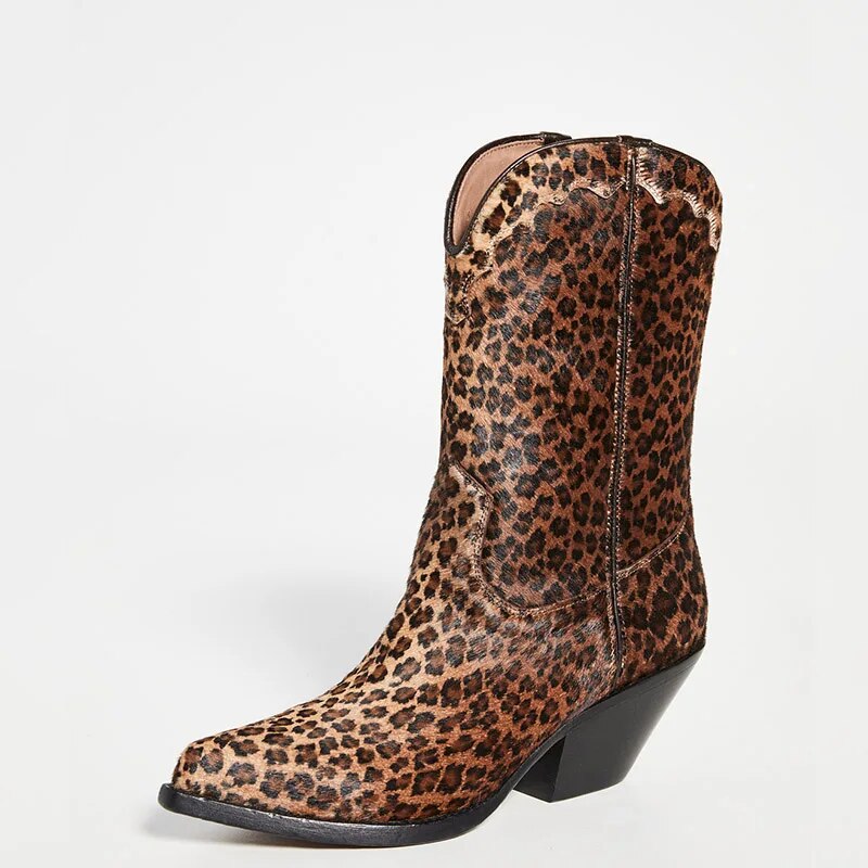 TAAFO Brown Leopard High Chunky Heels Pointed Toe Ankle Boots Woman Booties Large Size 43 45 Ladies Shoes