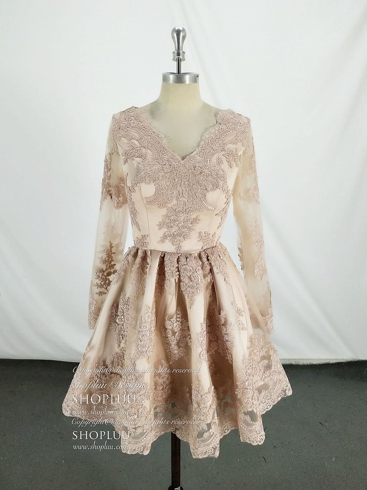 Champagne Tulle Lace Short Prom Dress, Champagne Homecoming Dress