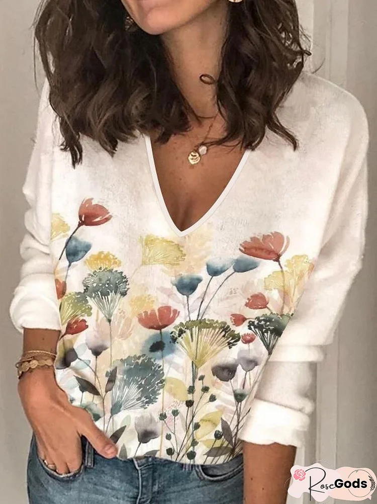 Floral Regular Fit V Neck Casual Long Sleeve T-Shirt