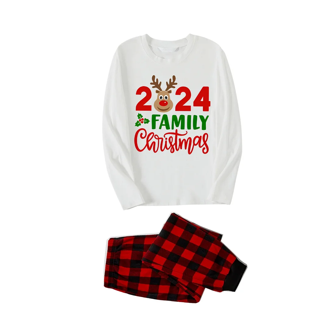 "2024 Family Christmas" and Deer Printed Red & Black Plaid Family Matching Pajamas