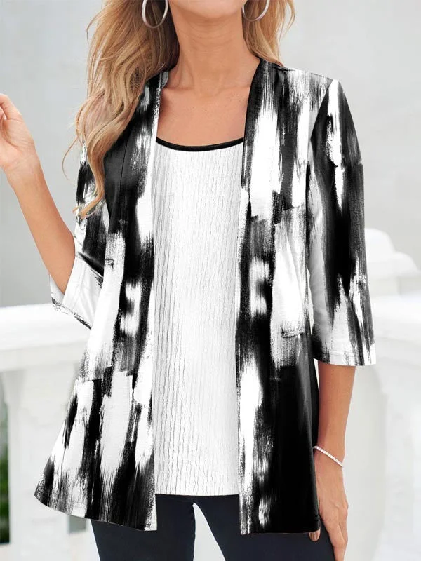 Women's Stitching Gradient Printed V-Neck Long Sleeve Two Piece Suit Coat