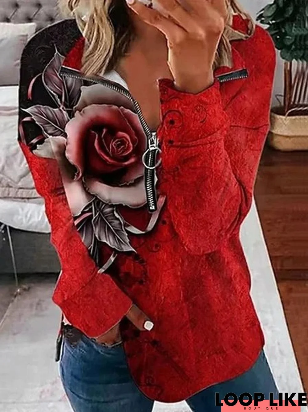 Floral V Neck Casual Sweatshirt